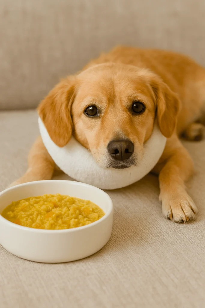 Dog recovering after dental surgery eating soft homemade food